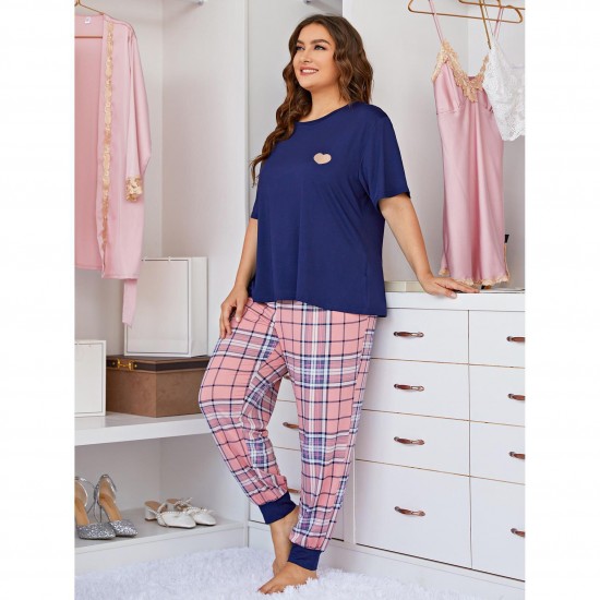 European and American plus size pajamas spring and autumn short-sleeved long pants two-piece homewear set (Pimma)