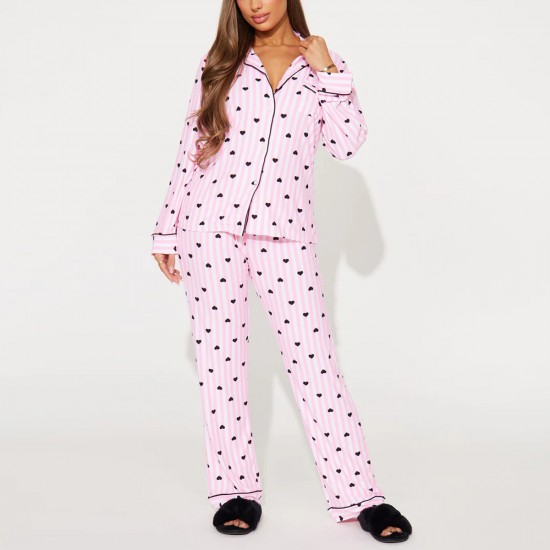 European and American pajamas for women, autumn and winter cherry print lapel long-sleeved trousers, two-piece loungewear set.
