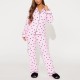 European and American pajamas for women, autumn and winter cherry print lapel long-sleeved trousers, two-piece loungewear set.