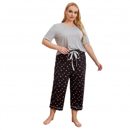 European and American plus-size women's pajamas, summer, loose casual, plus-size, short-sleeved, long pants homewear two-piece set