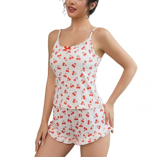 European and American pajamas women summer sexy cherry print camisole shorts two-piece homewear set (pjs)