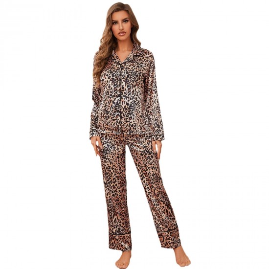 European and American women's pajamas, fall and winter, simulated silk leopard print, long-sleeved trousers, two-piece loungewear, pajamas