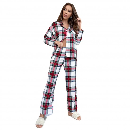 European and American style women's pajamas autumn and winter plaid long-sleeved loungewear set, can be worn outside