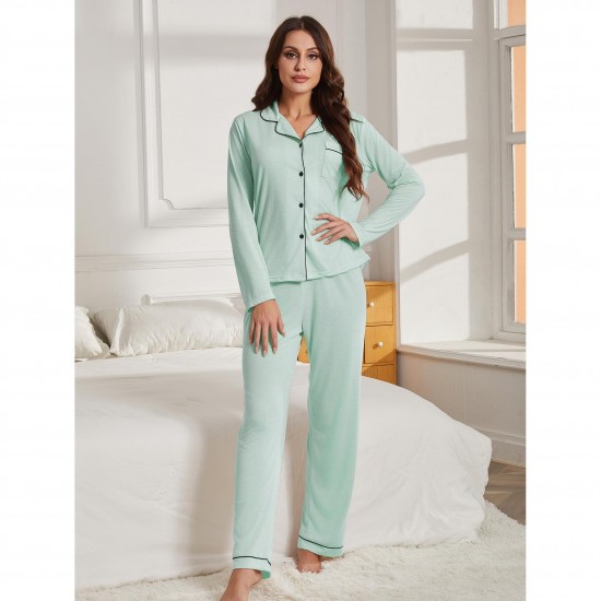 European and American Women's Nightgown Autumn and Winter Solid Color Cardigan Long-Sleeved Homewear Set Nightwear