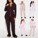 European and American pajamas for women, autumn and winter cherry print lapel long-sleeved trousers, two-piece loungewear set.