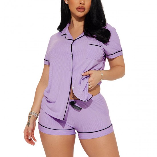 European and American style women's summer pajamas, basic style, ribbed short-sleeved short-sleeved two-piece loungewear set.