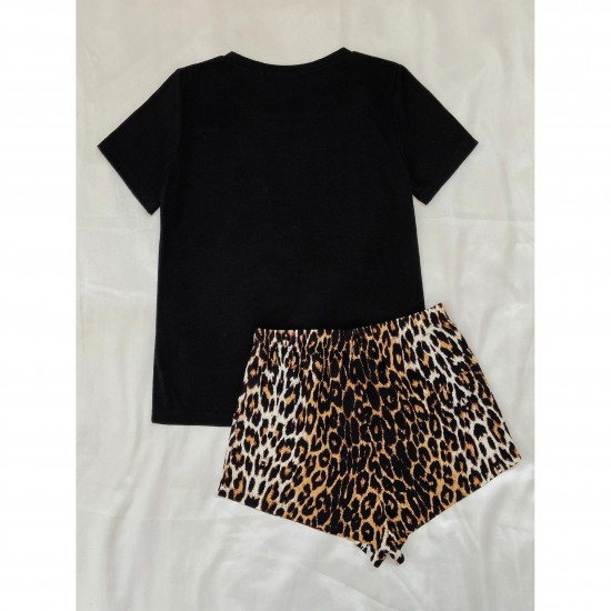 European and American style women's pajamas summer leopard print short-sleeved shorts two-piece set loungewear