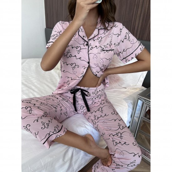 European and American women's autumn and spring letter print short-sleeved trousers loungewear set