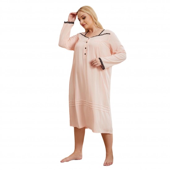 European and American plus size nightgown women's long plus mm lace trim thin long-sleeved loungewear pajamas