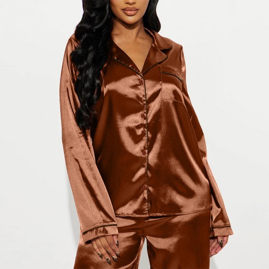 European and American  pajamas for women, autumn and winter, ice silk long-sleeved and long pants, two-piece loungewear for women.