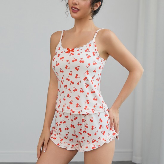 European and American pajamas women summer sexy cherry print camisole shorts two-piece homewear set (pjs)