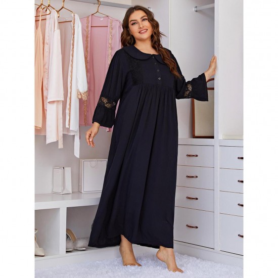 European and American plus size nightgown women long-sleeved long lace homewear plus mm nightgown
