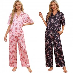 High-end light luxury pajamas women spring and autumn ice silk short-sleeved shirt and trousers set homewear