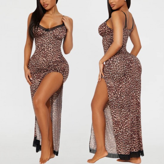 European and American sexy nightgowns, summer, slit lace trim leopard print pure and alluring camisole nightwear