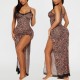 European and American sexy nightgowns, summer, slit lace trim leopard print pure and alluring camisole nightwear